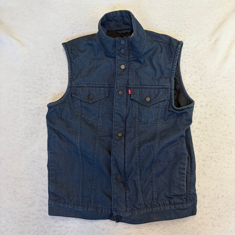 Levi's Denim Vest Mens XL Dark Blue Quilted Lined Trucker Snap Front